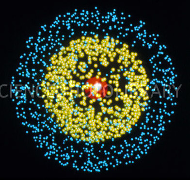 Computer graphics representation of the electronic structure of lithium, a Group I metal in the Periodic Table of the Elements. The nucleus of this lithium atom is shown in red. The yellow "cloud" represents the 1s electron orbital, with the outer 2s cloud coloured blue. The image hightlights the three- dimensional nature of the electronic orbitals around the nucleus. Lithium has an atomic number of 3 (after hydrogen, 1 &amp; helium,2), with 2 electrons filling its 1s orbital and 1 electron in the 2s orbital.